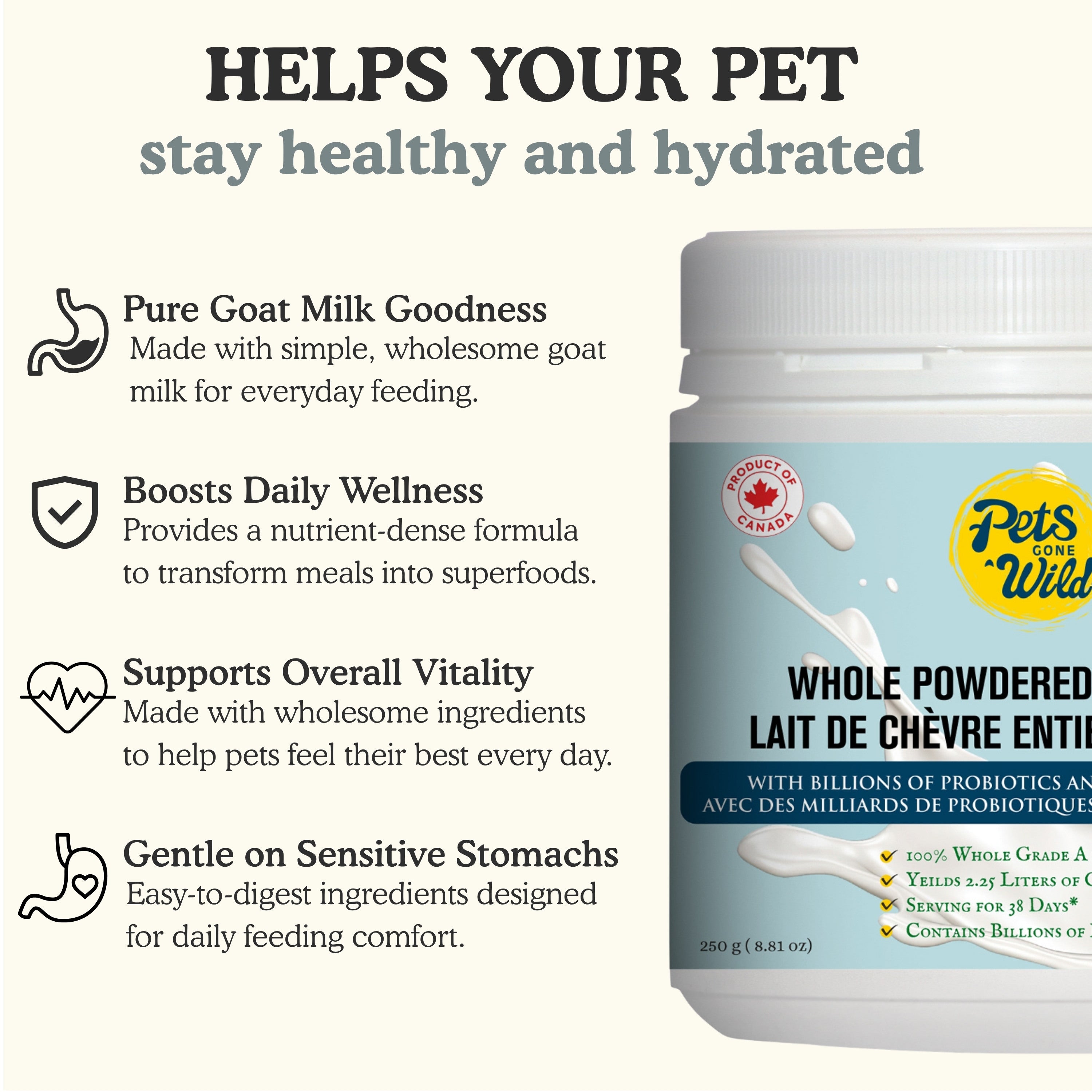 Pets Gone Wild unflavored goat milk powder for dogs and cats showing four daily health benefits: pure goat milk goodness for everyday feeding, boosts daily wellness with nutrient-dense formula to transform meals into superfoods, supports overall vitality with wholesome ingredients, gentle on sensitive stomachs with easy-to-digest formula for daily feeding comfort — Product of Canada